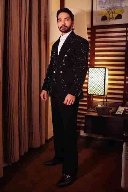 Buy Black Crepe Embellished Stone Blazer Pant Set For Men by Ranbir ...