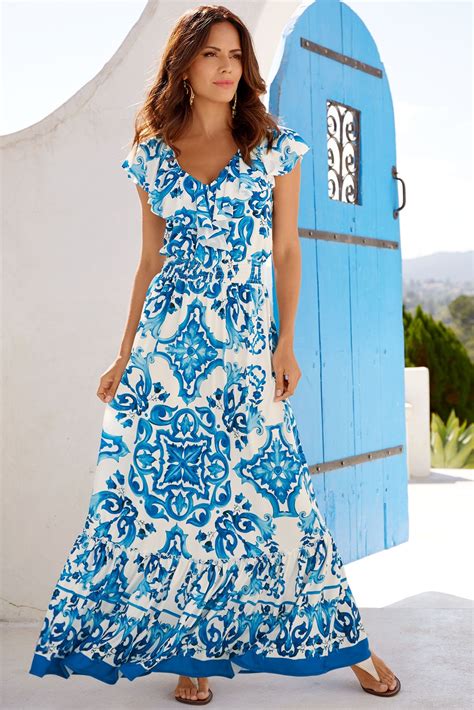 Resort Wear | Women's Blue Tile Maxi Dress. | Chic blue dress, Resort ...
