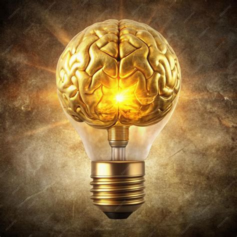 Golden brain glowing inside of light bulb on paper texture background ...