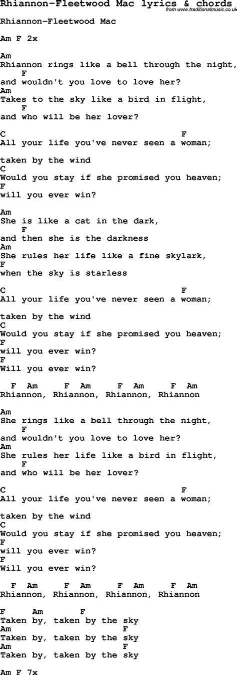 Love Song Lyrics for:Rhiannon-Fleetwood Mac with chords.
