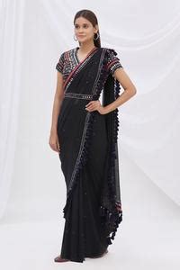 Buy Black Georgette Pre-draped Tassel Saree For Women by Surily G ...