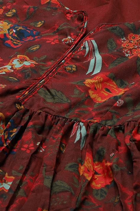 Green & Maroon Cotton Flared Printed Dress at Biba India