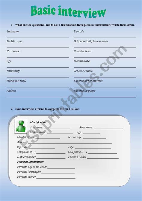 ESL Interview Worksheet 的图像结果