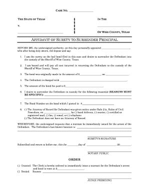 Fillable Online co wise tx AFFIDAVIT OF SURETY TO SURRENDER PRINCIPAL ...