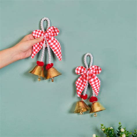 Set Of 2 Golden Bell Wall Hanging With Bow Online - Premium Wall ...