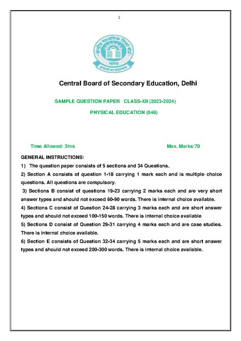 CBSE Class 12 Physical Education Sample Question Paper (048) 2023-24 ...