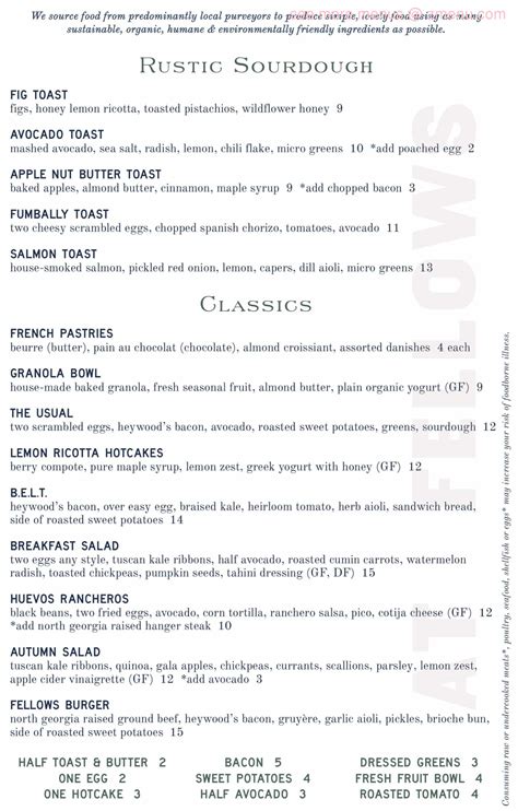 Carta de Fellows Cafe, Roswell