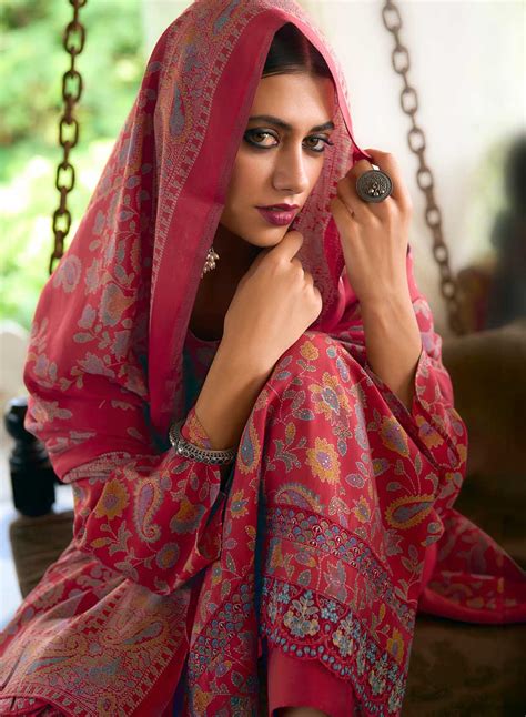 Pure Modal Silk Red Unstitched Suit Material with Fancy Embroidery ...
