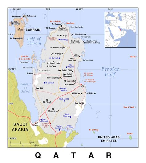 Detailed political map of Qatar with relief | Qatar | Asia | Mapsland | Maps of the World