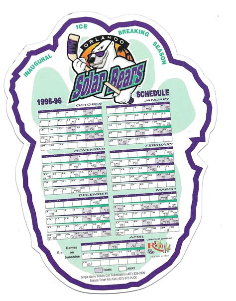 Orlando Solar Bears IHL 1995-96 Inaugural Season Magnet Schedule | eBay