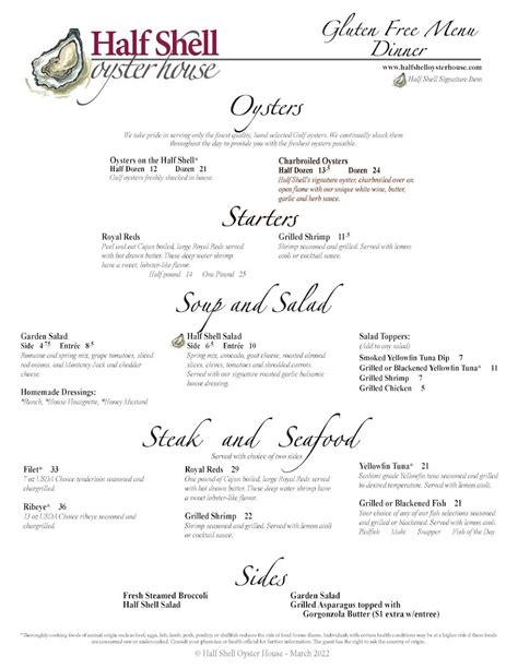 Menu at Half Shell Oyster House restaurant, Gulfport