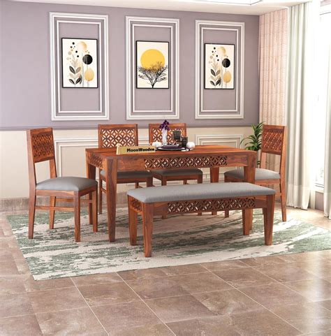 MoonWooden CNC Solid Sheesham Wood Dining Table Set 6 | Six Seater ...