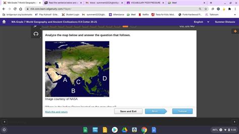 Where is the Indian Ocean located on the map above? A. Letter A B ...