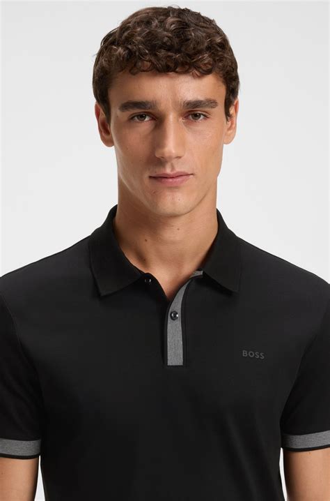 BOSS - Mercerised-cotton slim-fit polo shirt with structured trims - Black