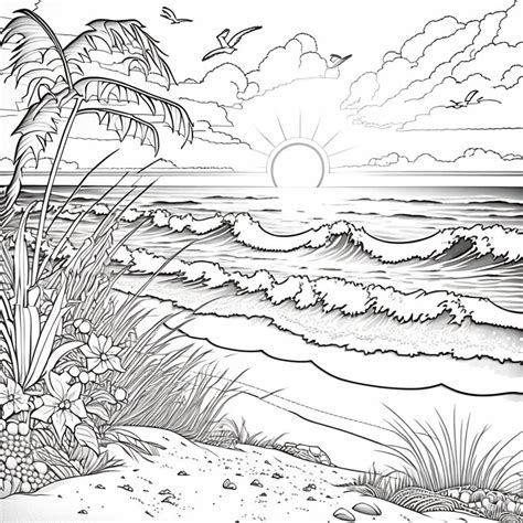 Beach Scene Coloring Pages Bundle 2, PNG Digital Download Pages, Beach ...
