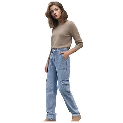 Women Jeans Petite Retro Washed Semi Elastic Cargo Wide Leg Straight ...