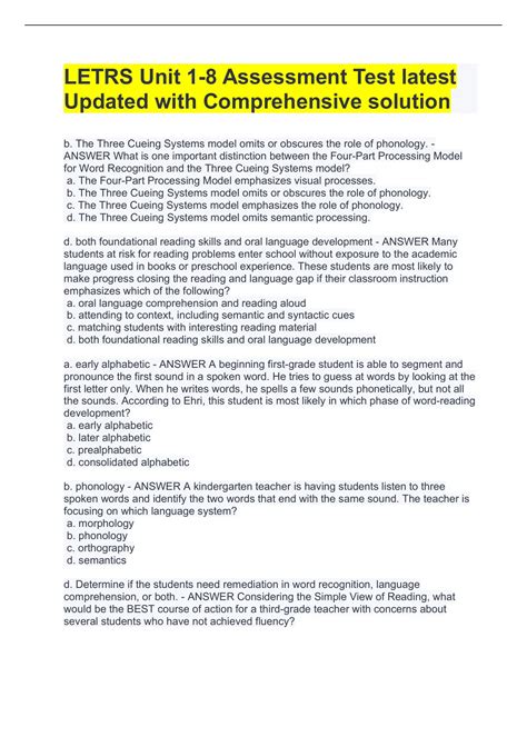 LETRS Unit 1-8 Assessment Test latest Updated with Comprehensive ...