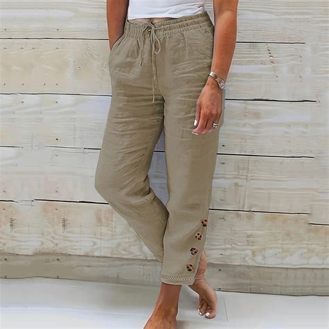 Bxsruta Women's Cotton Linen Cropped Pants Elastic Waist Capris Petite ...