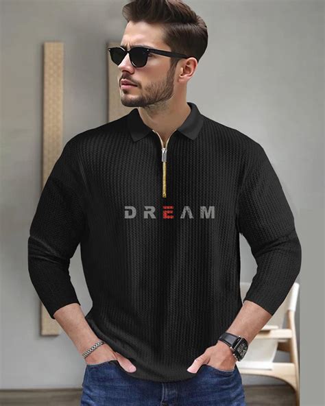 Dream Black Full Sleeve Zippered Collared Waffle Men's T-Shirt