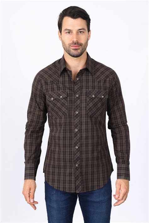 Mens Western Checkered Brown Long Sleeve Shirts – Platini Fashion