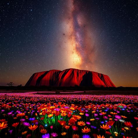 Uluru and Field of Lights Under the Milky Way