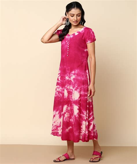 Rayon Fuchsia Tie Dye Flared Dress (W1281) – Jaipurhues.com