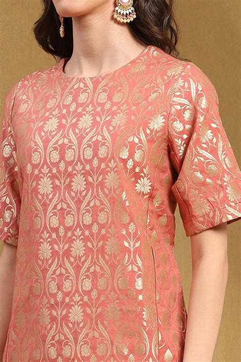 Peach-Toned Jacquard Floral Yarn-Dyed Straight Kurta Set 2N at Biba Global