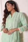 Buy Green Chanderi, Linen Lace Work Band Collar Kurta And Pant Set For ...