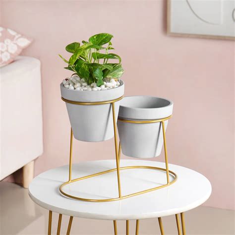 Minimalist Grey Planters Pair With Gold Stand Online - Premium Planter ...