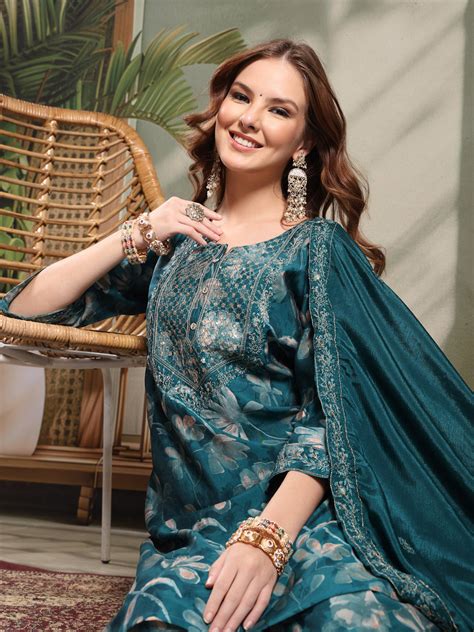 Ramas Embroidered Straight Round Neck Kurta & Sharara With Dupatta ...