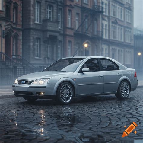 A silver Ford Mondeo car parked on a wet cobblestone street with old city buildings in the ...