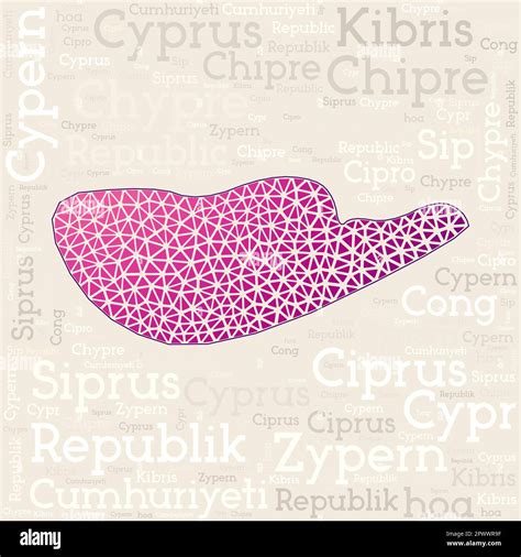 Cyprus map design. Country names in different languages and map shape with geometric low poly ...
