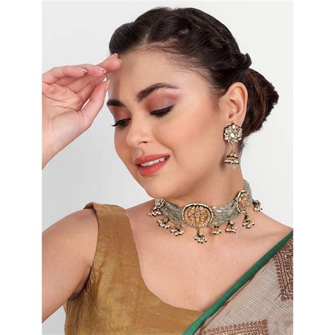 Buy Auraa Trends 22KT Gold Plated Kundan Green Necklace Set Online