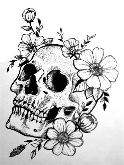 Skull Drawings with Flowers
