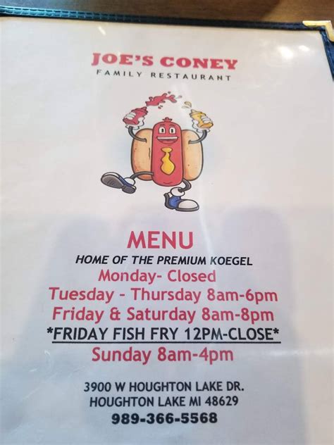 Menu at Joe's Coney Island restaurant, Houghton Lake