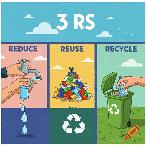 Illustration poster showing '3 RS': Reduce (saving water), Reuse (pile ...