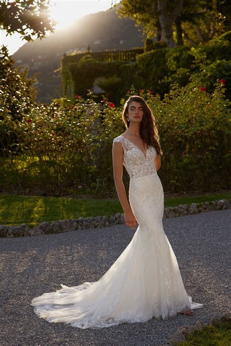 Ilanna: Beaded Lace Fit and Flare Dress with V-Neckline and V-Back | Justin Alexander