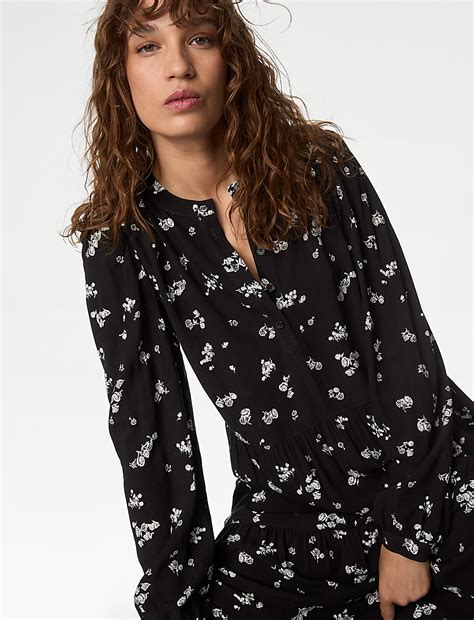 Buy Printed Round Neck Midi Tiered Dress at Marks & Spencer