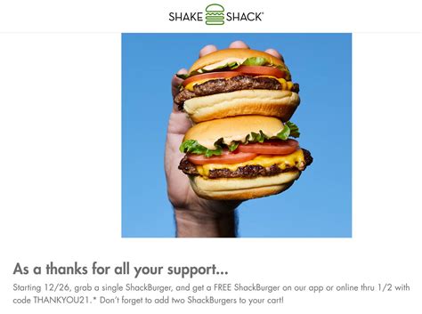 Second cheeseburger free at Shake Shack promo code THANKYOU21 | Shake ...