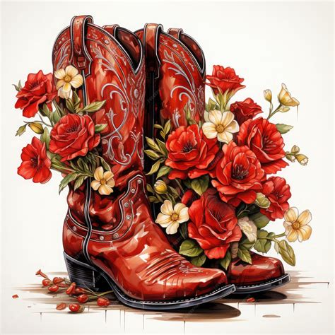 Premium Photo | Watercolor Red cowboy boot with red roses white ...