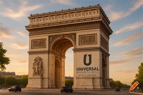 Photorealistic view of the Arch de Triomphe at sunset with a "U" and ...