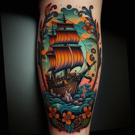 Neo Traditional Pirate Ship Tattoo