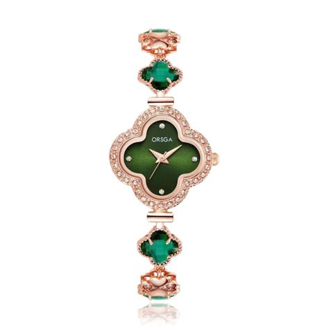 ORSGA Stainless Steel Women's Clover Bracelet Watch - Green Dial Rose ...