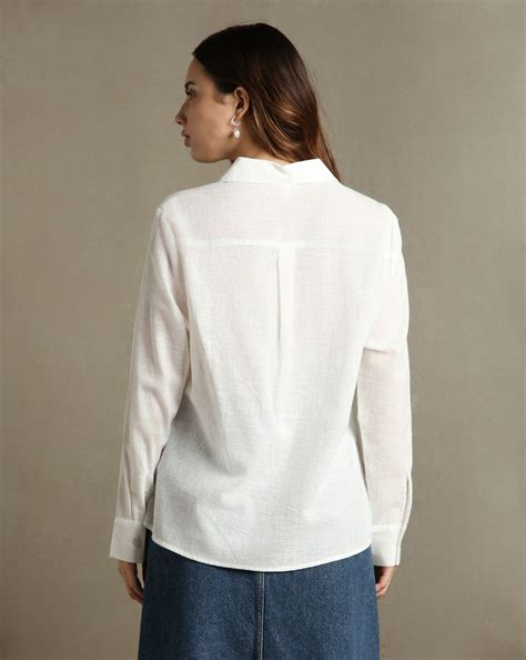 DL Woman White Solid Textured Spread Collar Full Sleeves Oversized Shi ...