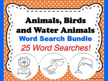 Animals, Birds and Water Animals Word Search, No Prep Sub Plan ...