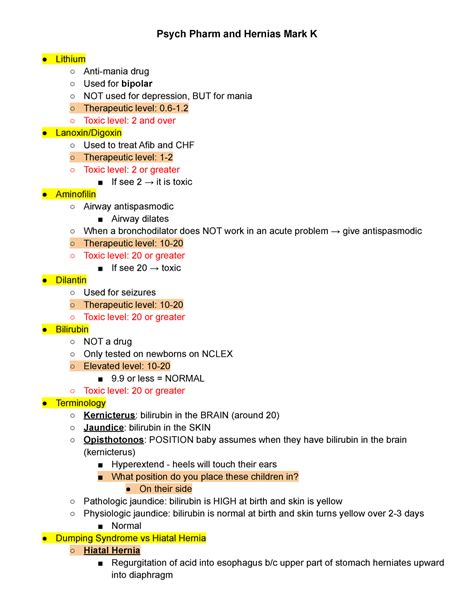 Psych Pharm and Hernias Mark K - Toxic level: 2 and over Lanoxin ...