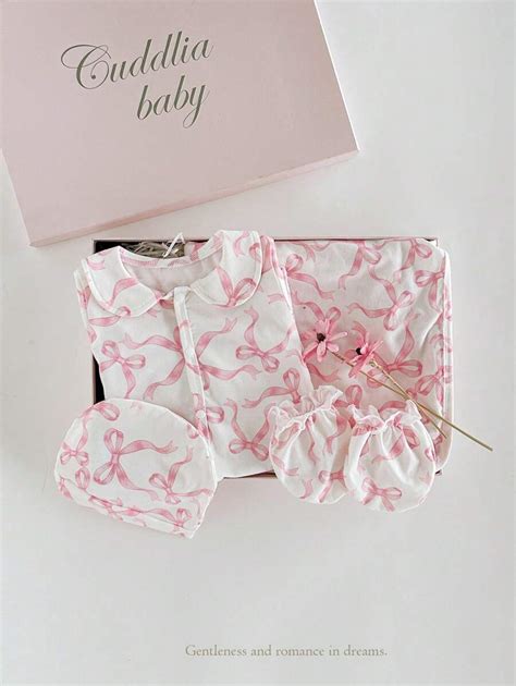 4pcs Newborn Baby Clothing Set, Cute Bow Printed Romper With Peter Pan ...