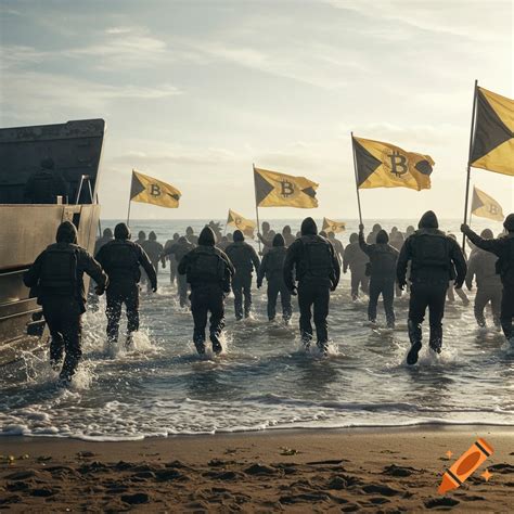 Bitcoiners storming the beach, D-Day recreation on Craiyon