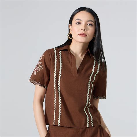 Buy Twenty Dresses by Nykaa Fashion Brown Embroidered Collared Half ...