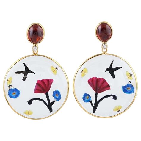 Enamel Hand Painted Diamond Sunflower 18 Karat Gold Earrings For Sale ...
